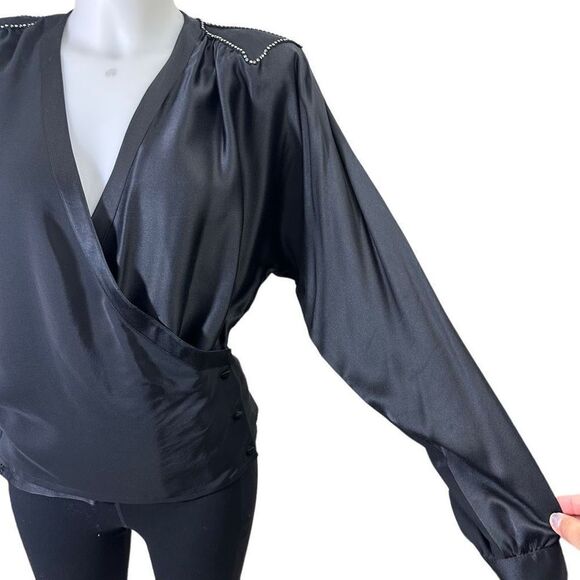 ROBERT HAIK Vintage Black 100% Silk Surplice Embellished Blouse size 38 / Medium - Picture 2 of 8